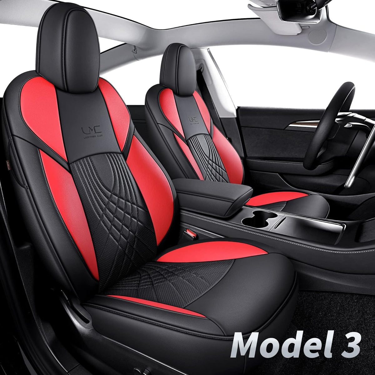 Tesla Seat Covers Full Set Water Proof Faux Leather Black Red X52099