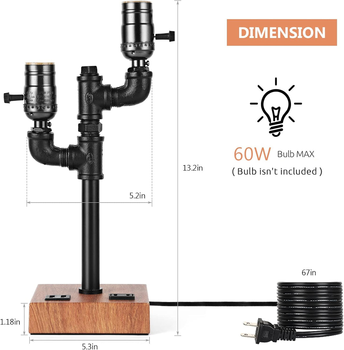 Industrial Table Lamp with 2 USB Ports AC Outlet Wood Base K17806
