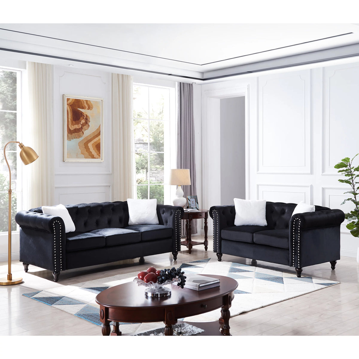 Black 2 Piece Sofa Set with 4 White Pillows P109758