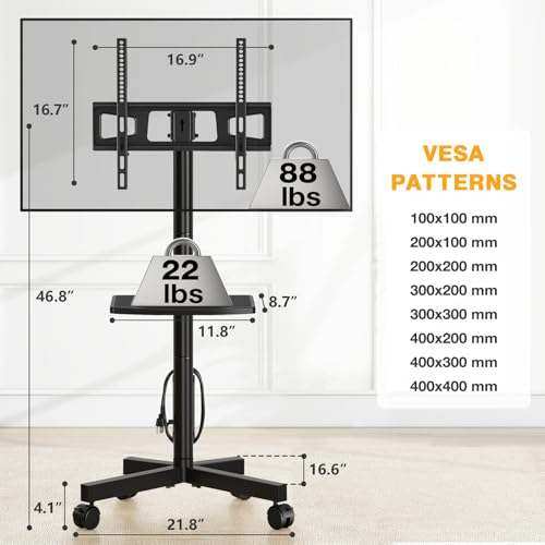 Mobile TV Stand with Power Outlet, Tilt Rolling TV Cart for 23-60 Inch TVs up to 88 lbs, Height Adjustment, Max VESA 400x400mm U9692