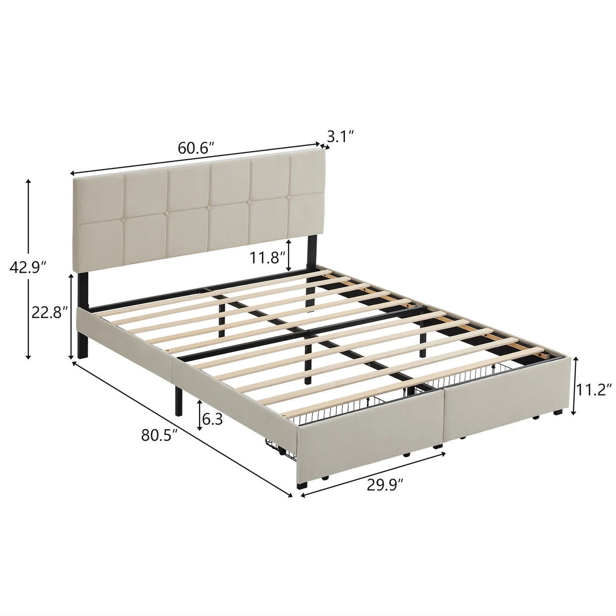 Full Size Platform Bed Frame with 2 Drawers, Upholstered Headboard, Gray T513471