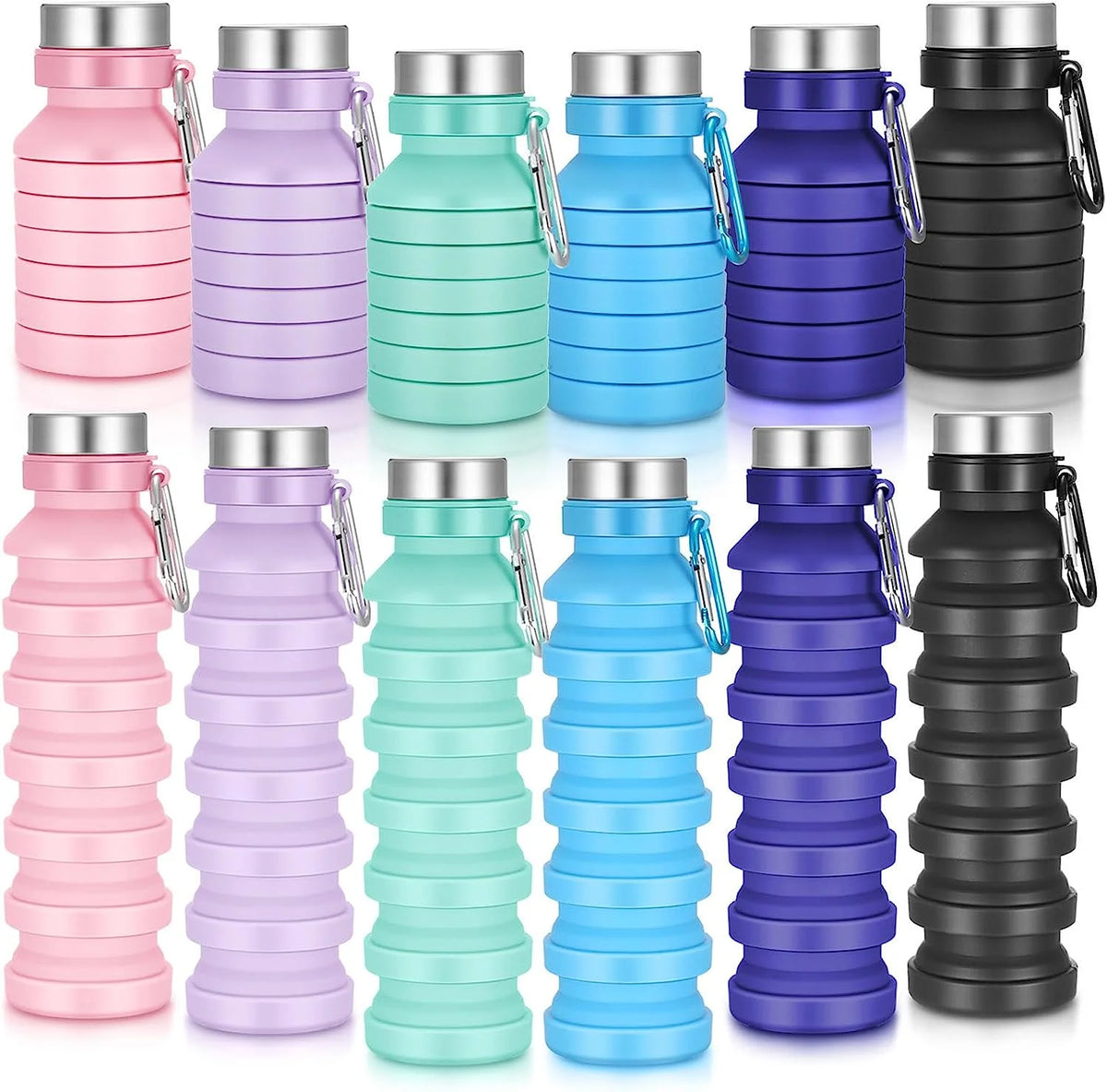 12 Pieces 18oz Collapsible Silicone Travel Water Bottles with Clip F485053