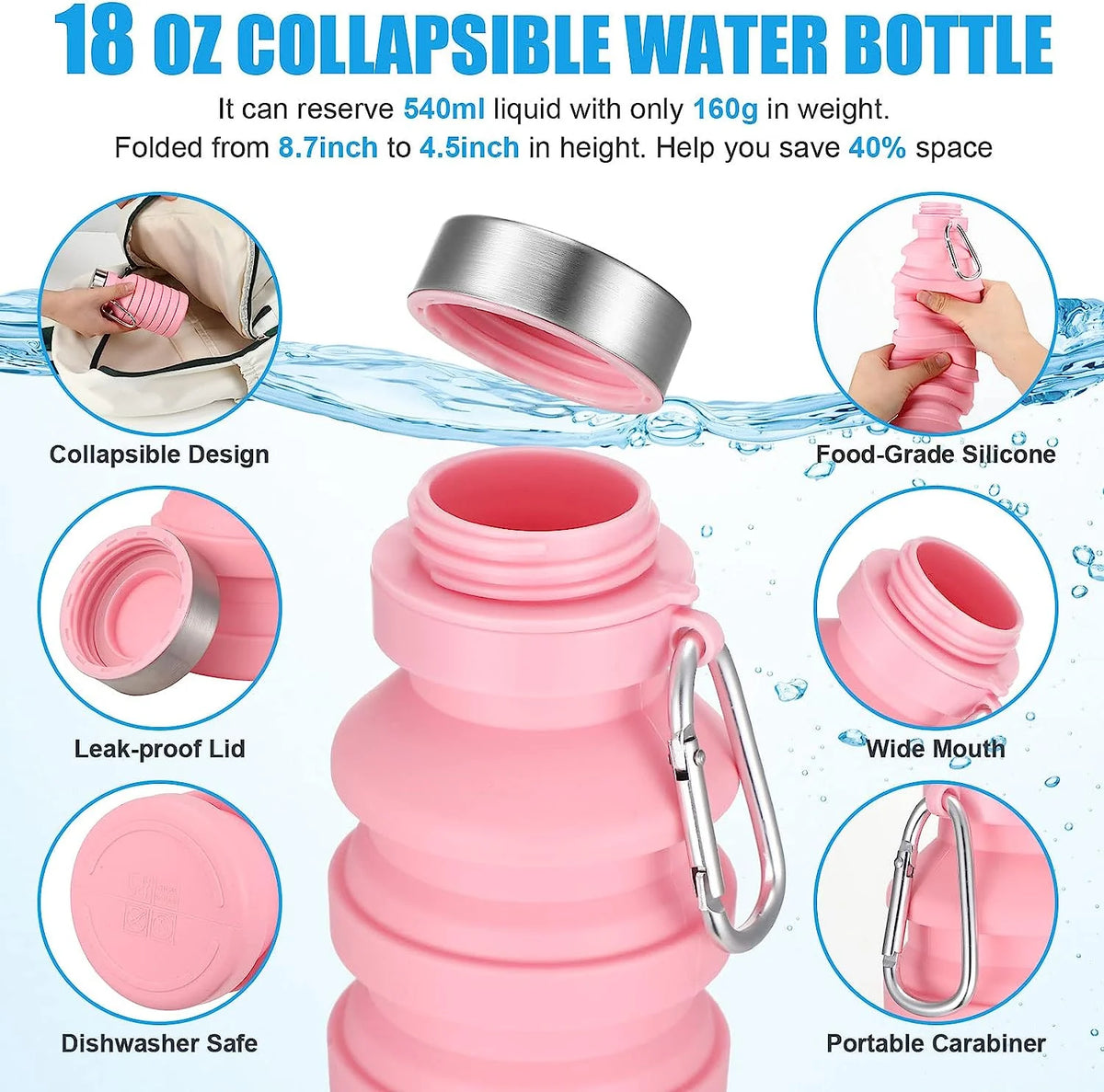 12 Pieces 18oz Collapsible Silicone Travel Water Bottles with Clip F485053