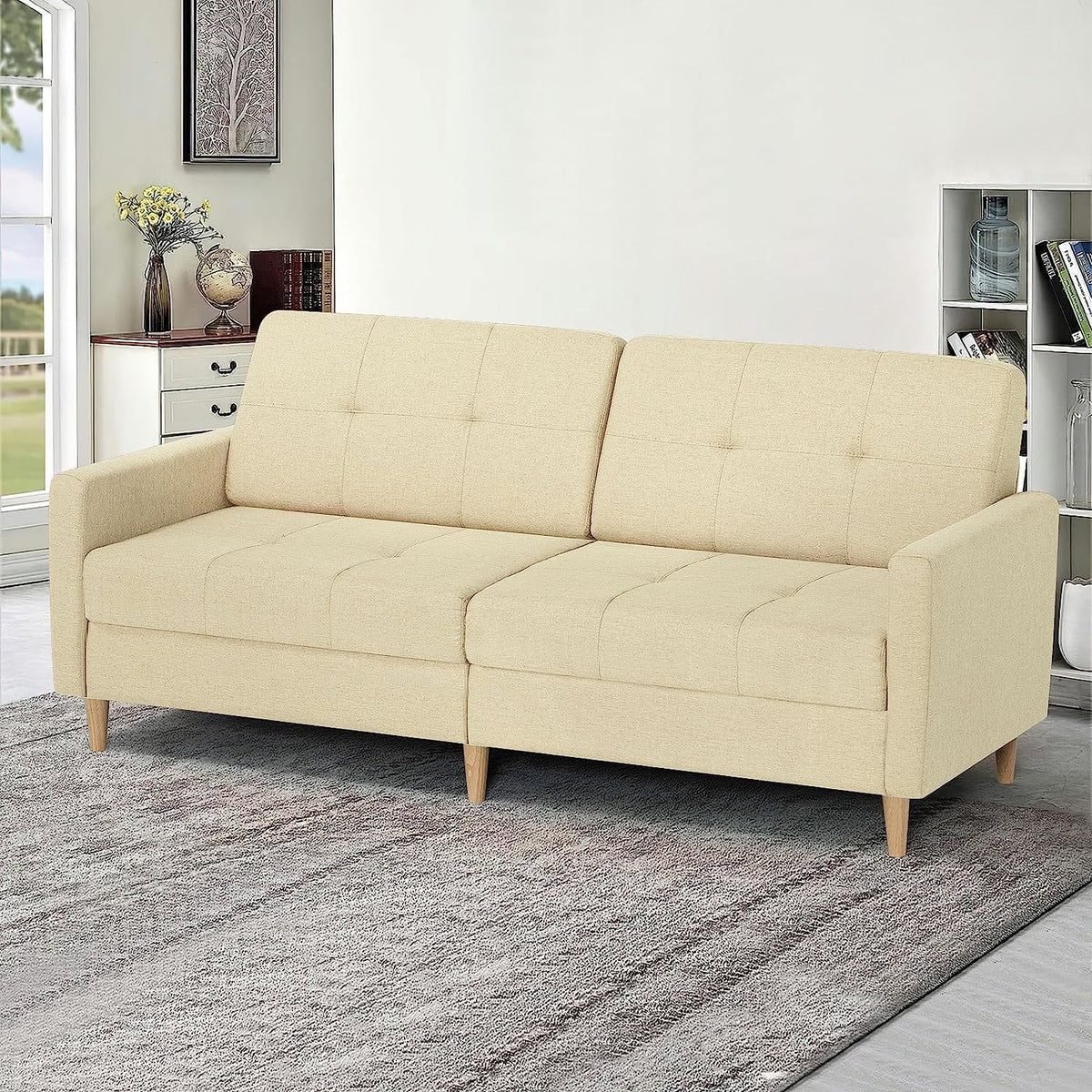 Beige Linen Sleeper Loveseat Sofa with Solid Wooden Frame T322275