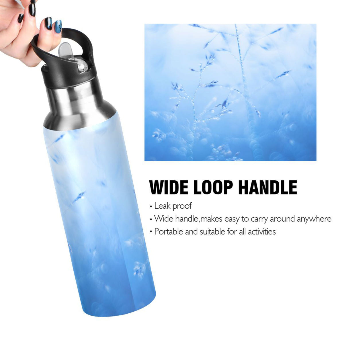 Blue Insulated Stainless Steel Water Bottle with Straw Lid 20 oz D715373