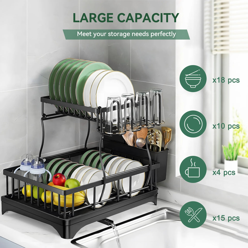 2 Tier Stainless Steel Dish Drying Rack with Drain Board M777987