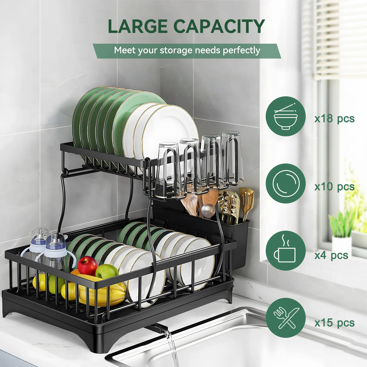 2 Tier Stainless Steel Dish Drying Rack with Drain Board M777987