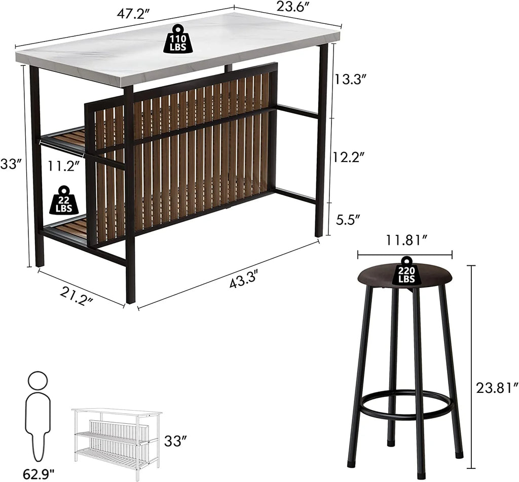White 3-Piece Bar Table and Chairs Set with Storage Shelf L497
