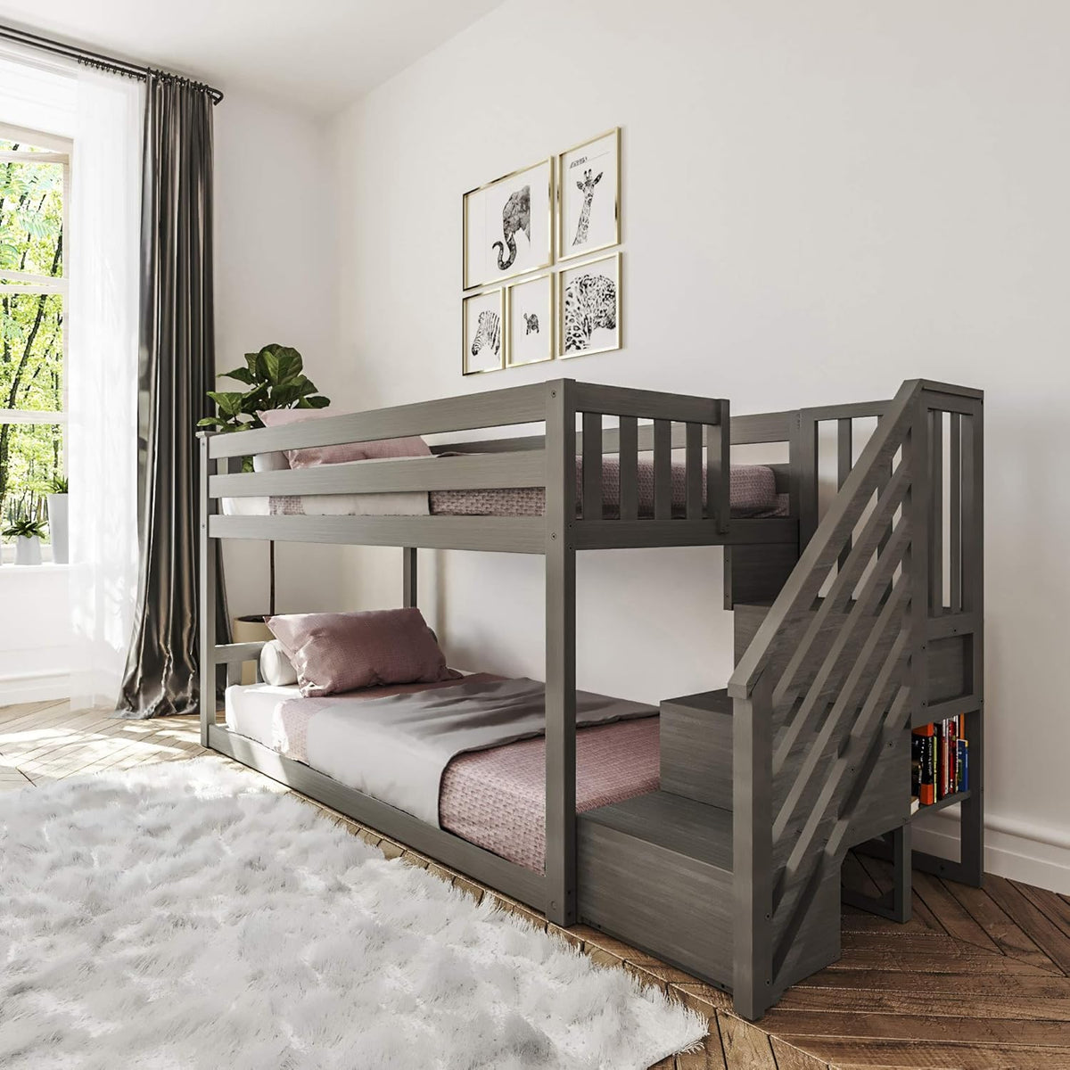 Twin Low Bunk Bed with Staircase, White M31781