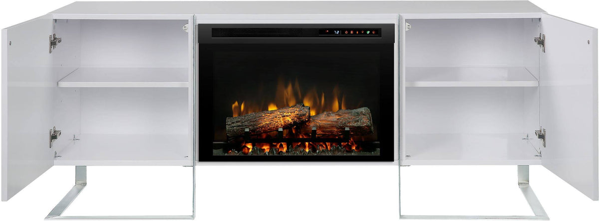Gloss White Media Console Fireplace with Logs G809