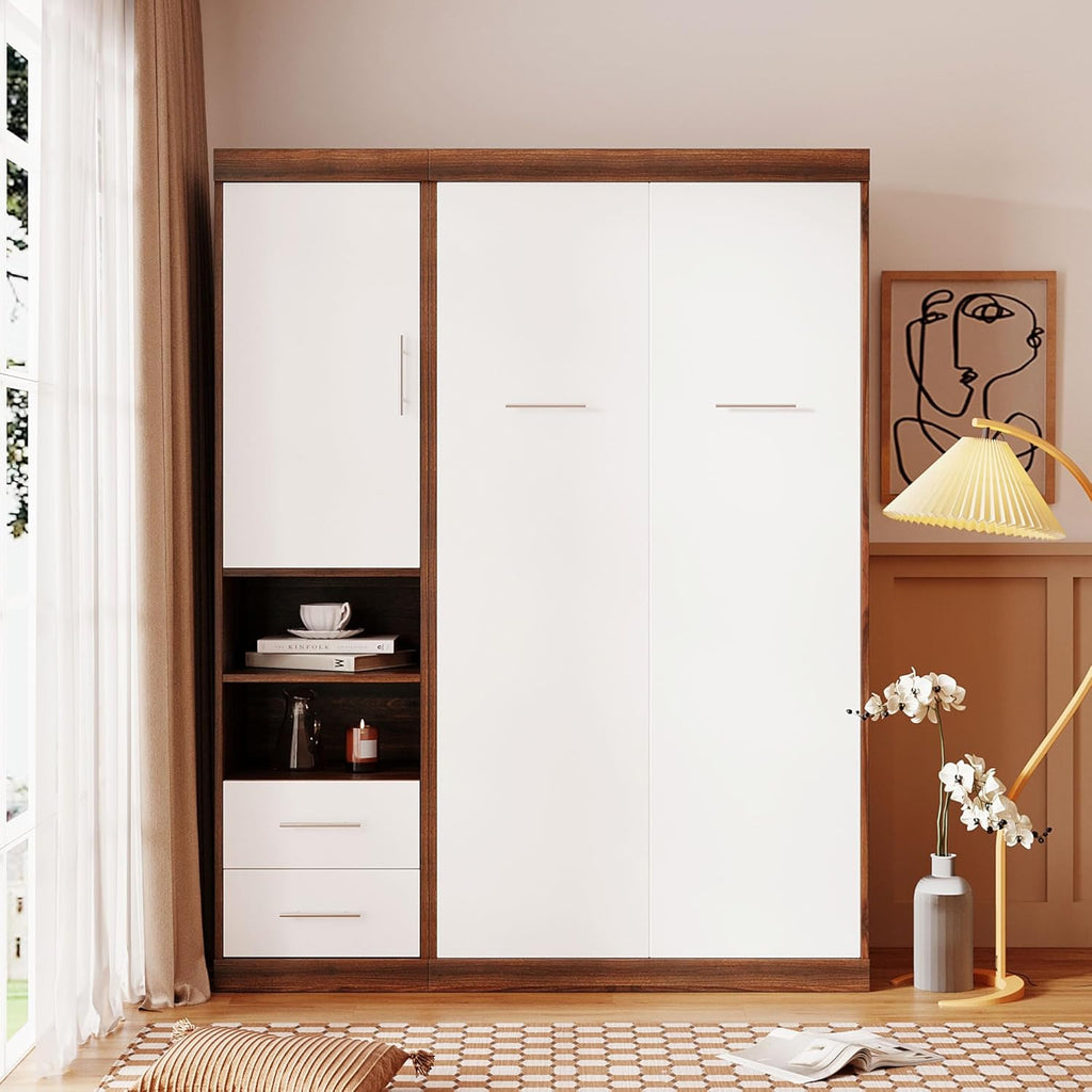 White Twin Size Murphy Bed with Cabinet E497