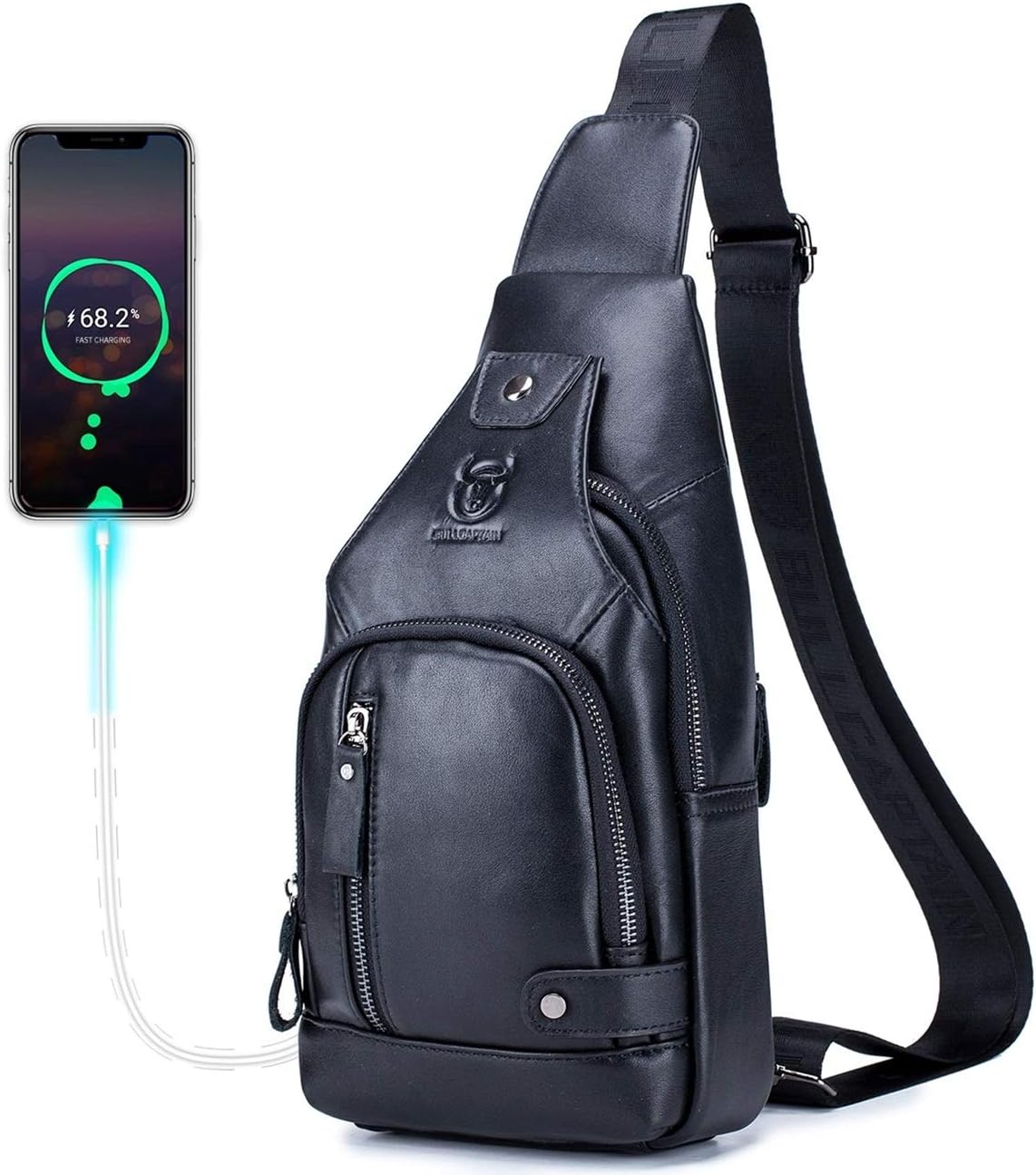 Genuine Leather Sling Crossbody Bag with USB Charging Port (Black) A8099