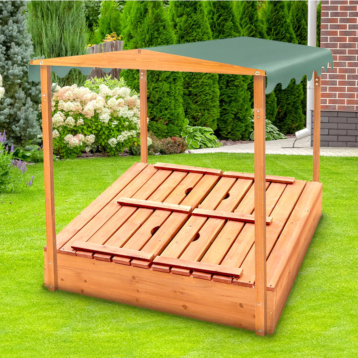 Covered Convertible Cedar Sandbox with Canopy and Two Bench Seats P3574