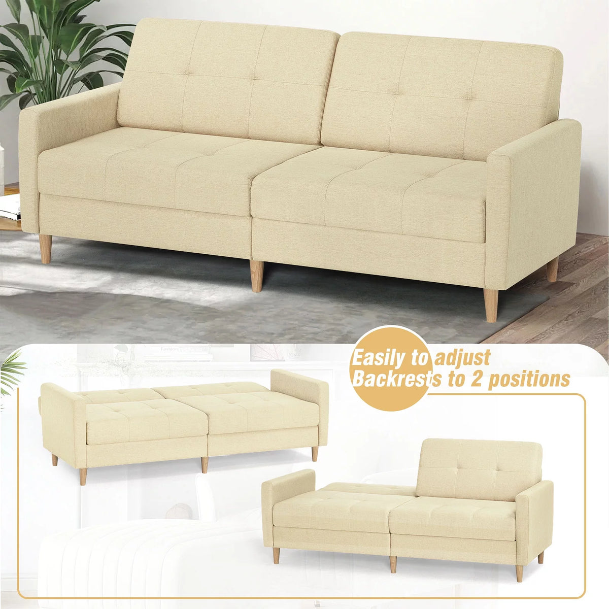 Beige Linen Sleeper Loveseat Sofa with Solid Wooden Frame T322275