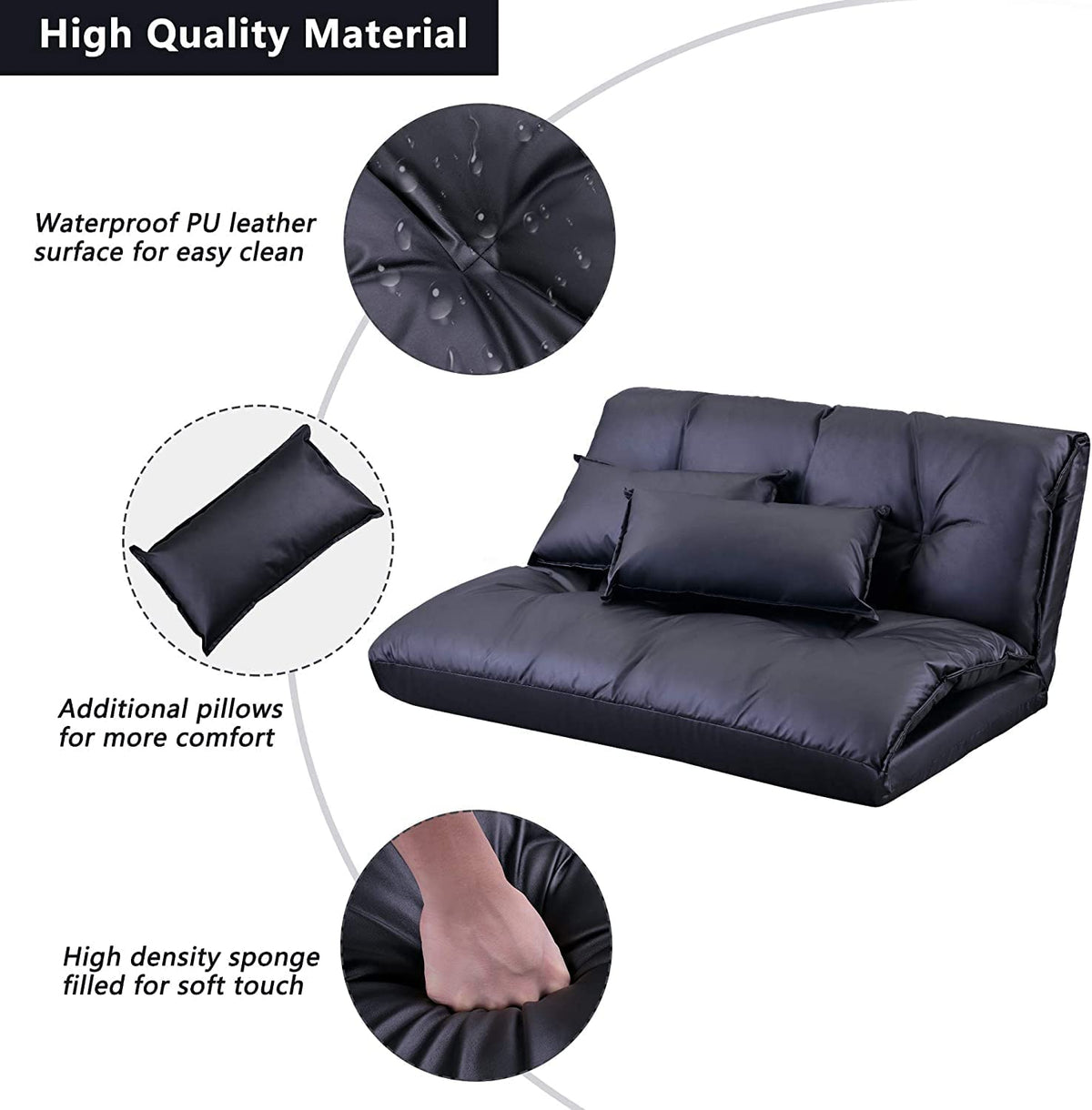 Adjustable Floor Sofa Bed with 2 Pillows, 5 Reclining Position, Black E8842