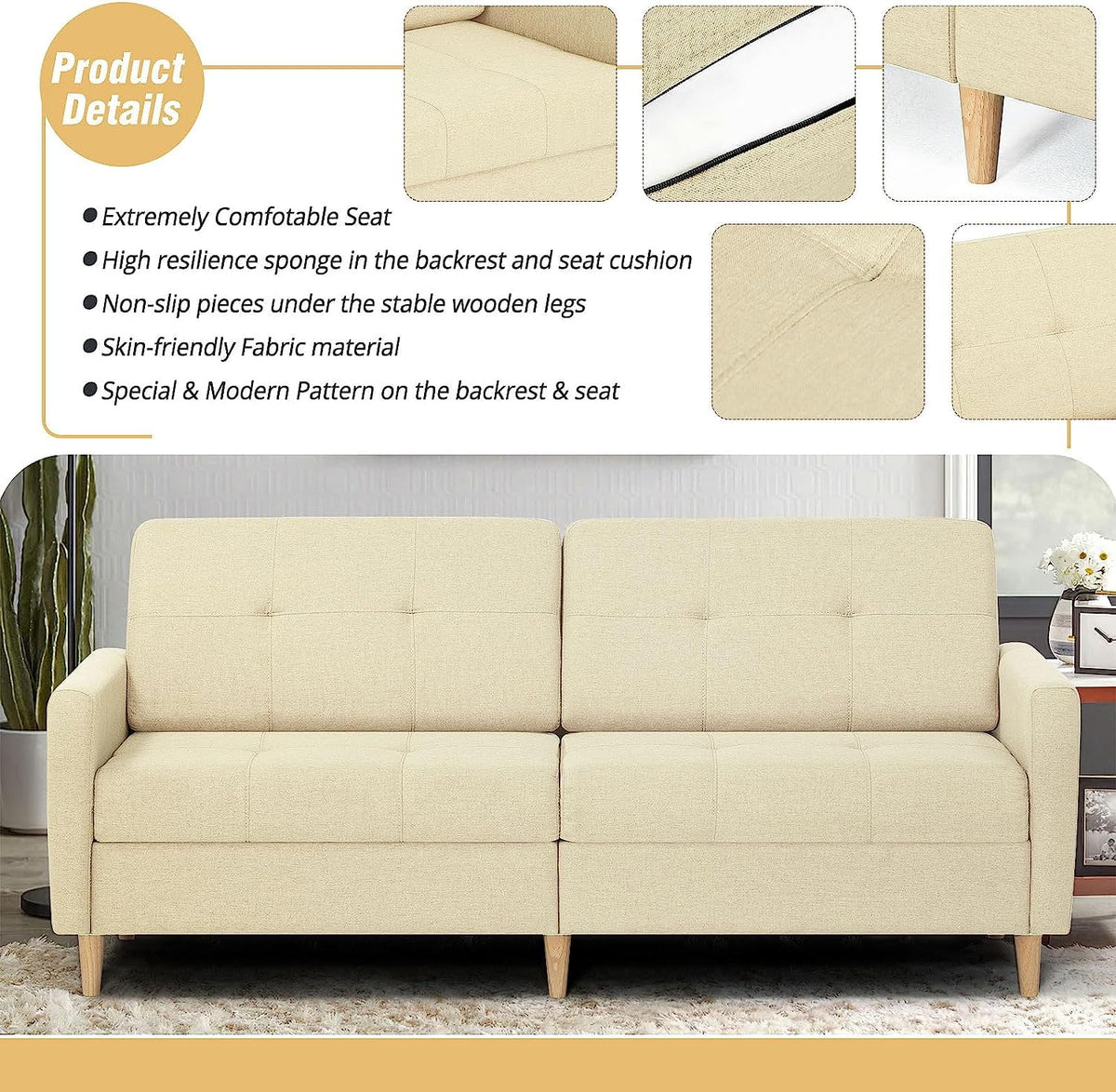 Beige Linen Sleeper Loveseat Sofa with Solid Wooden Frame T322275