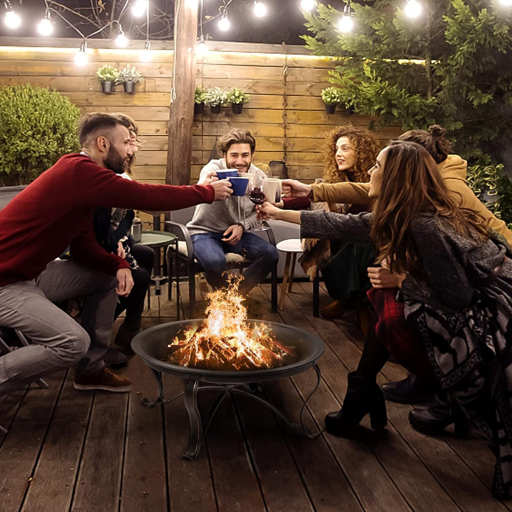 30 inch Outdoor Wood Burning Steel Firepit Bowl with Ash Plate, Spark Screen, Log Grate, Poker H102