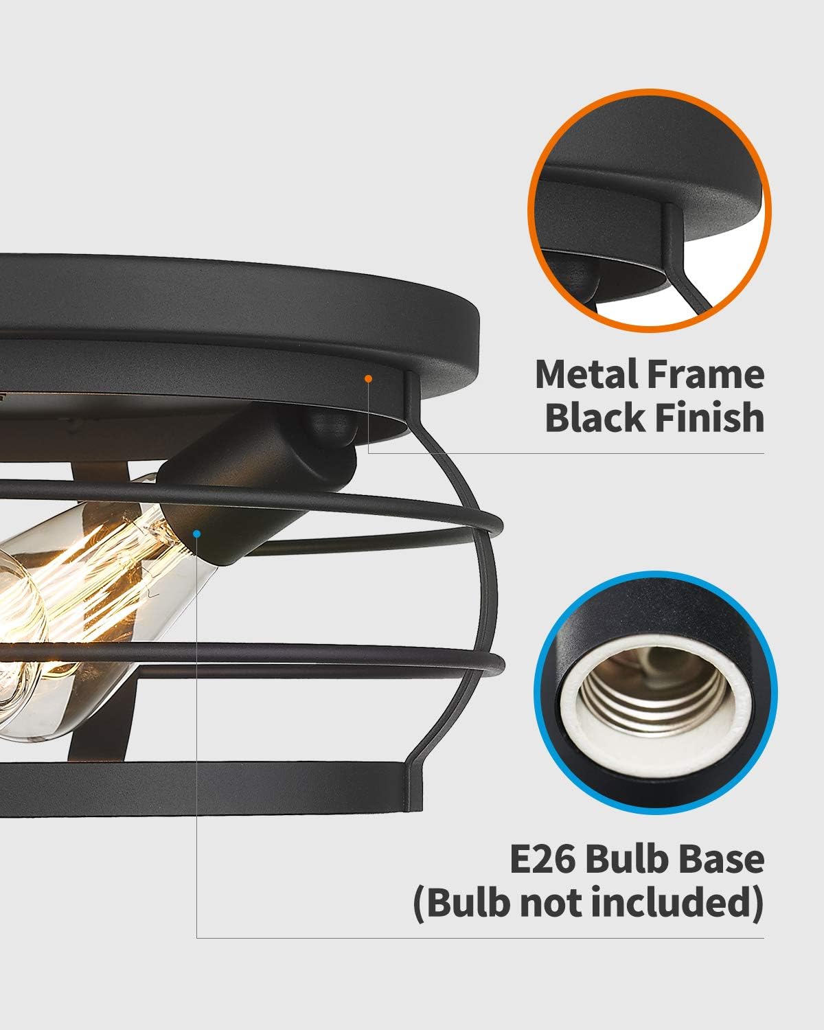 Industrial Flush Mount Ceiling Light, 12inch Farmhouse Metal Cage, Black Finish W13957