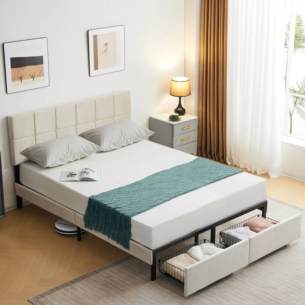 Full Size Platform Bed Frame with 2 Drawers, Upholstered Headboard, Gray T513471