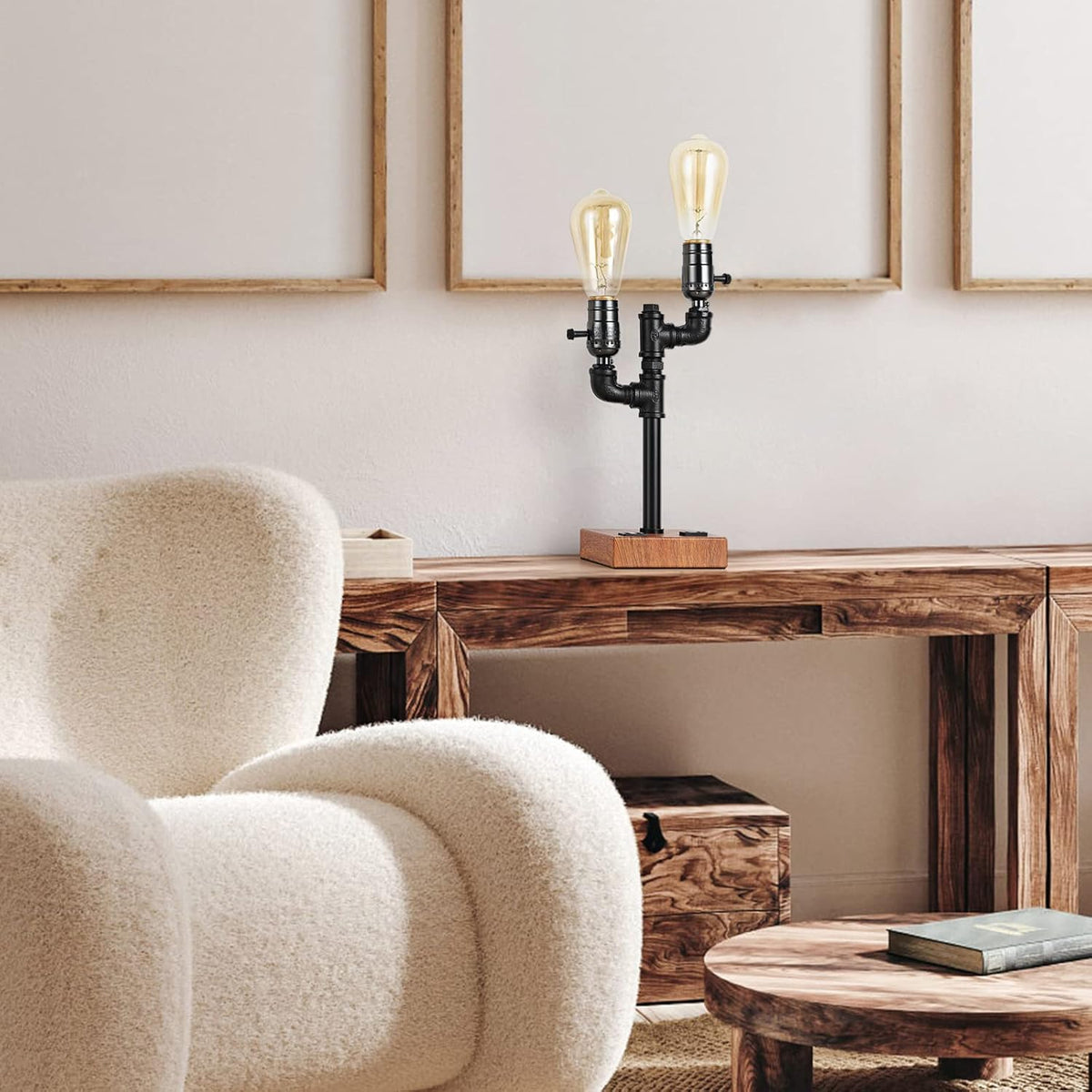 Industrial Table Lamp with 2 USB Ports AC Outlet Wood Base K17806