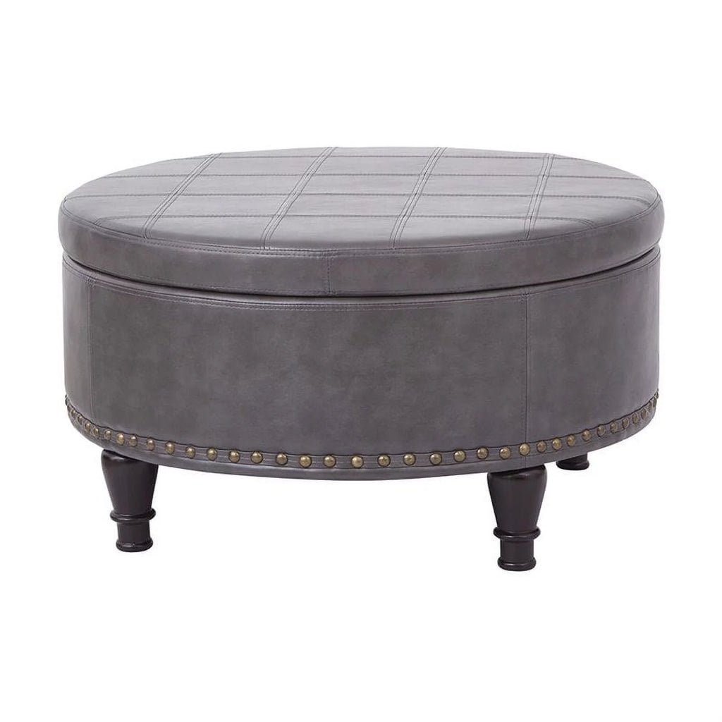 Pewter Bonded Leather Round Storage Ottoman N514