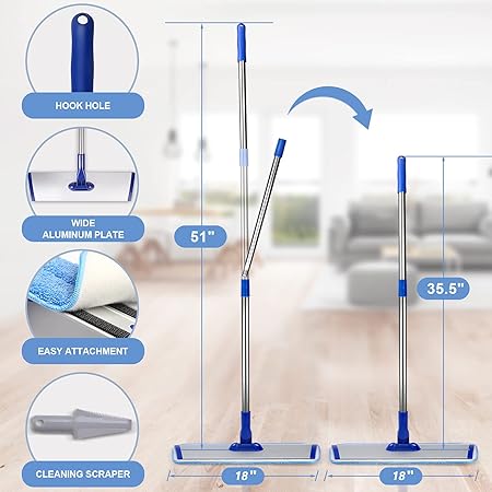 18" Microfiber Flat Mop with Stainless Steel Handle, 4 Reusable Mop Pads G553230