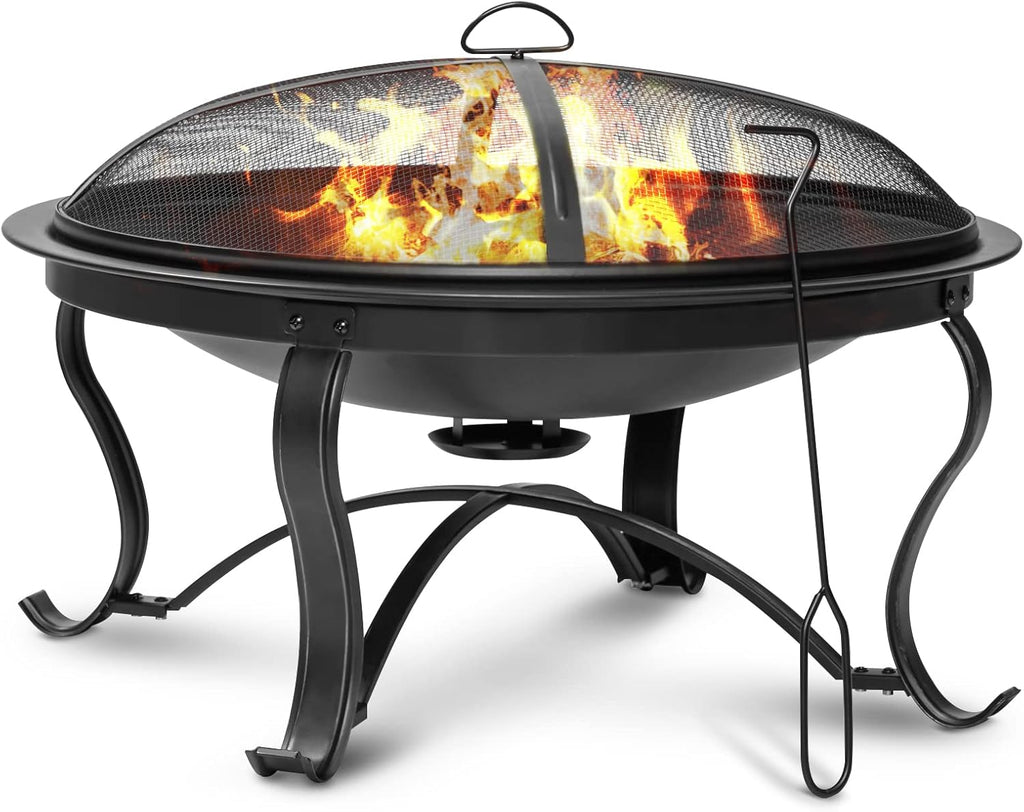 30 inch Outdoor Wood Burning Steel Firepit Bowl with Ash Plate, Spark Screen, Log Grate, Poker H102
