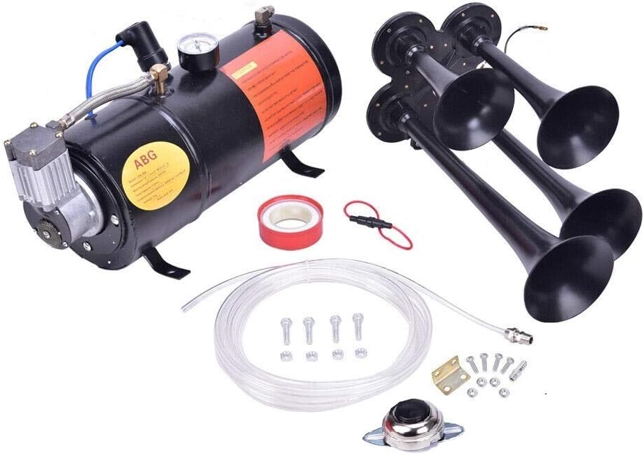 Blue 4 Trumpet Loud Train Horns Kit with 150 PSI 12V Air Compressor 1.59 Gallon W238785