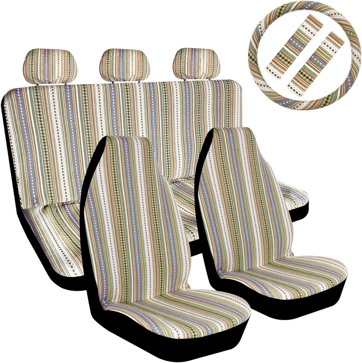 10pc Coarse Flax Cloth Seat Covers with Steering Wheel Cover & Seat Belt F195084