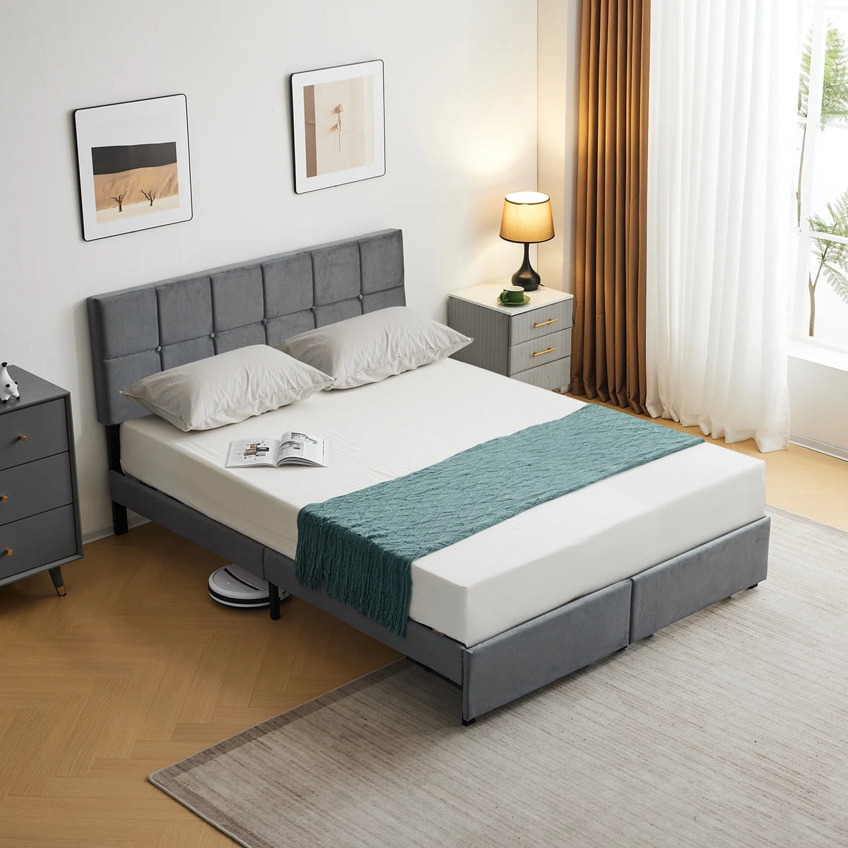Full Size Platform Bed Frame with 2 Drawers, Upholstered Headboard, Gray T513471
