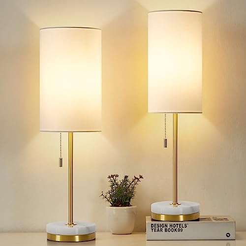 Desk Lamp & Table Lamp Set of 2, Marble Base, Fabric Shade, Gold H11434