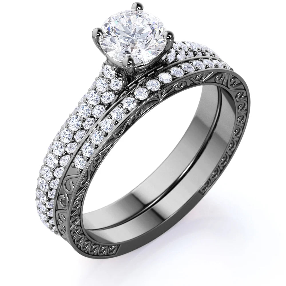 10K Black Gold Vintage Gothic Wedding Ring Set S958753