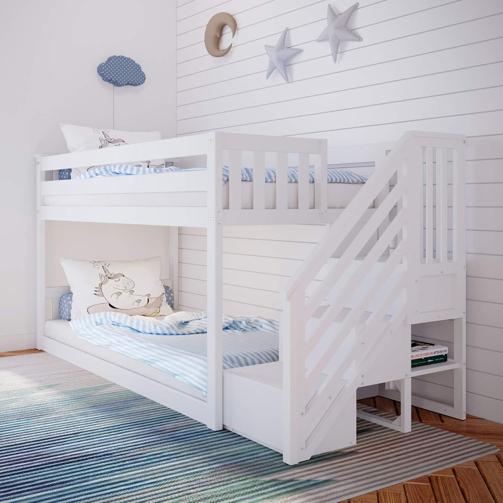 Twin Low Bunk Bed with Staircase, White M31781