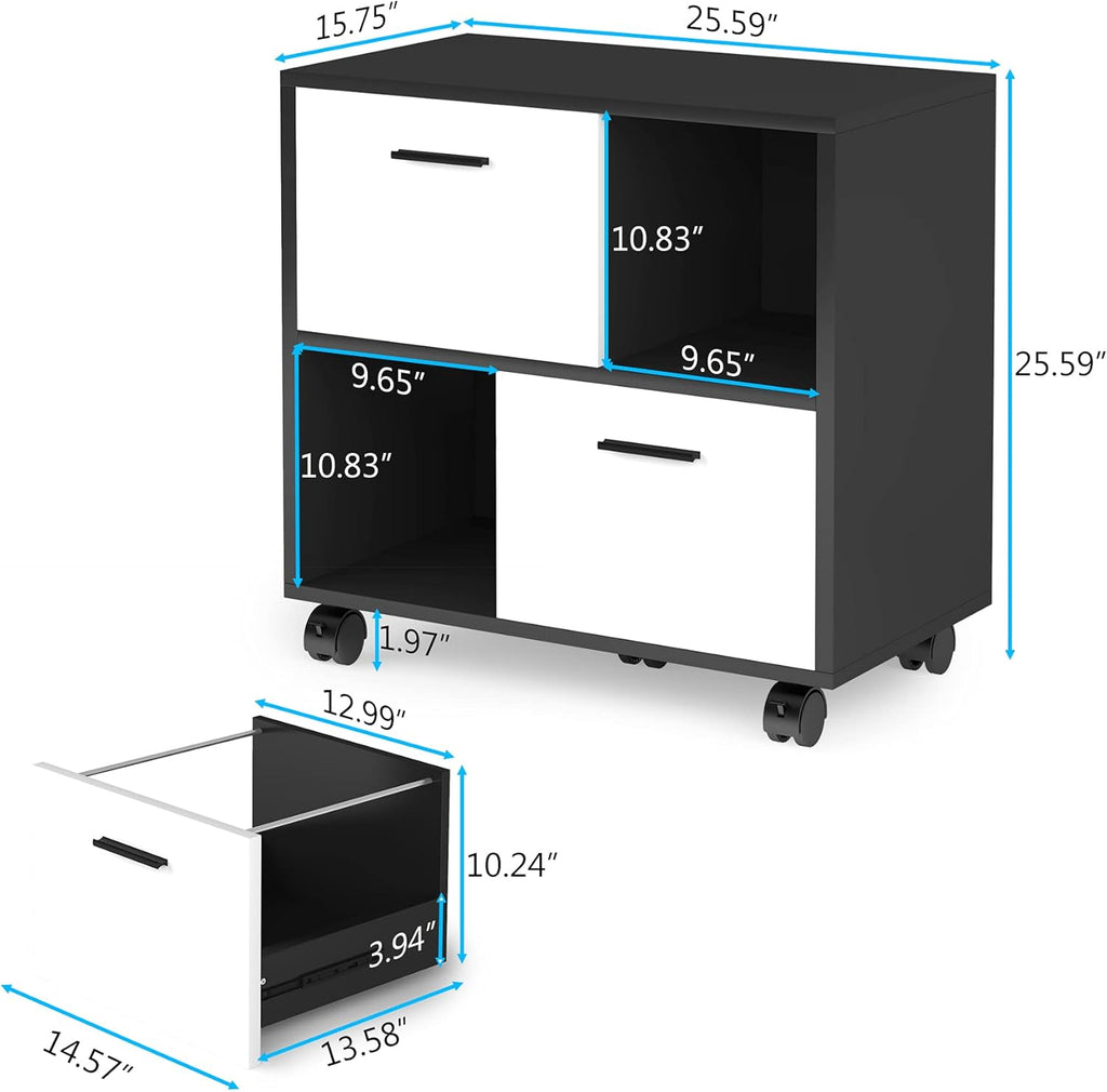 2 Drawer Wood File Cabinet with Shelves and Wheels H5180