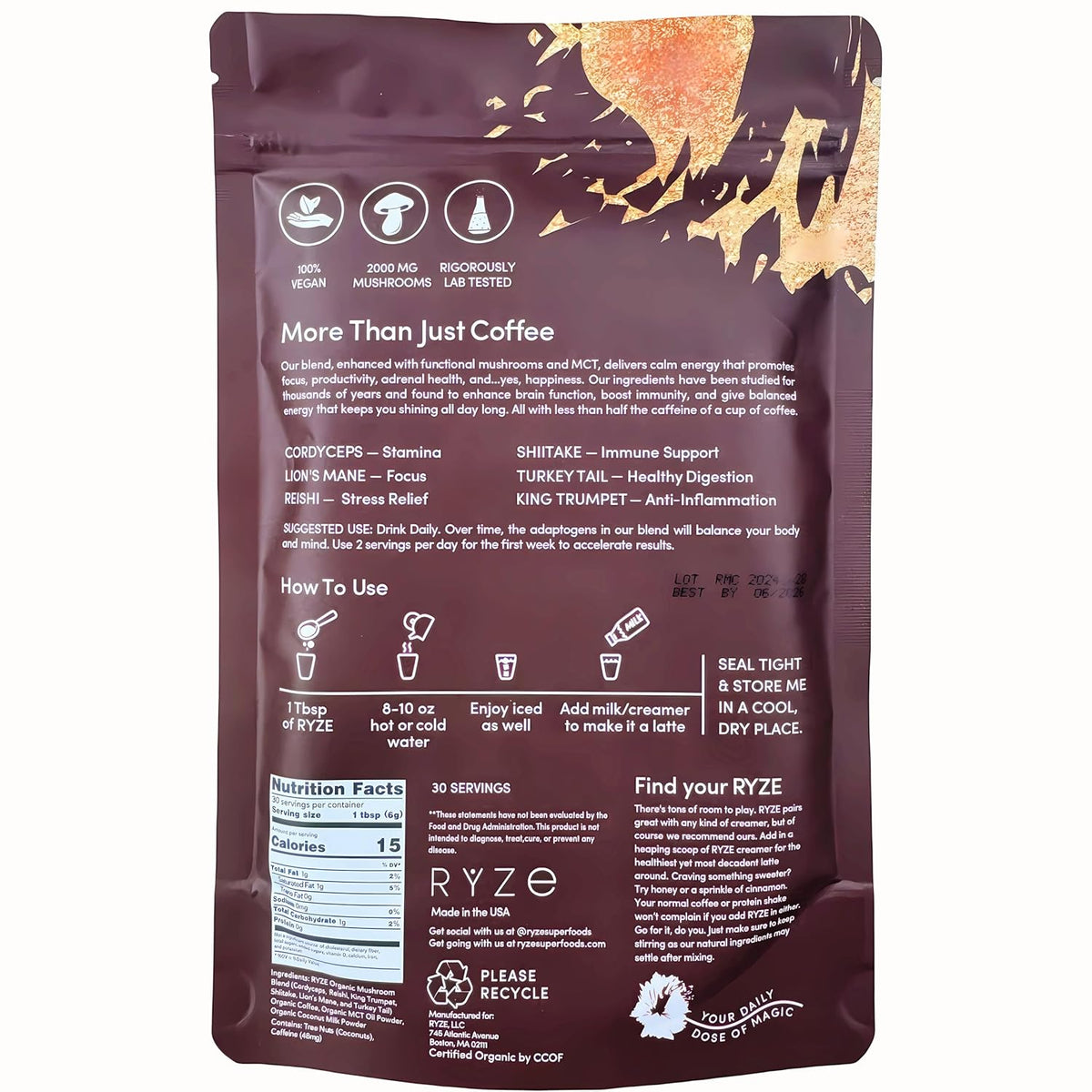 Organic Mushroom Coffee, Medium Roast, 6.35oz (180g), 30 Days Supply M84279