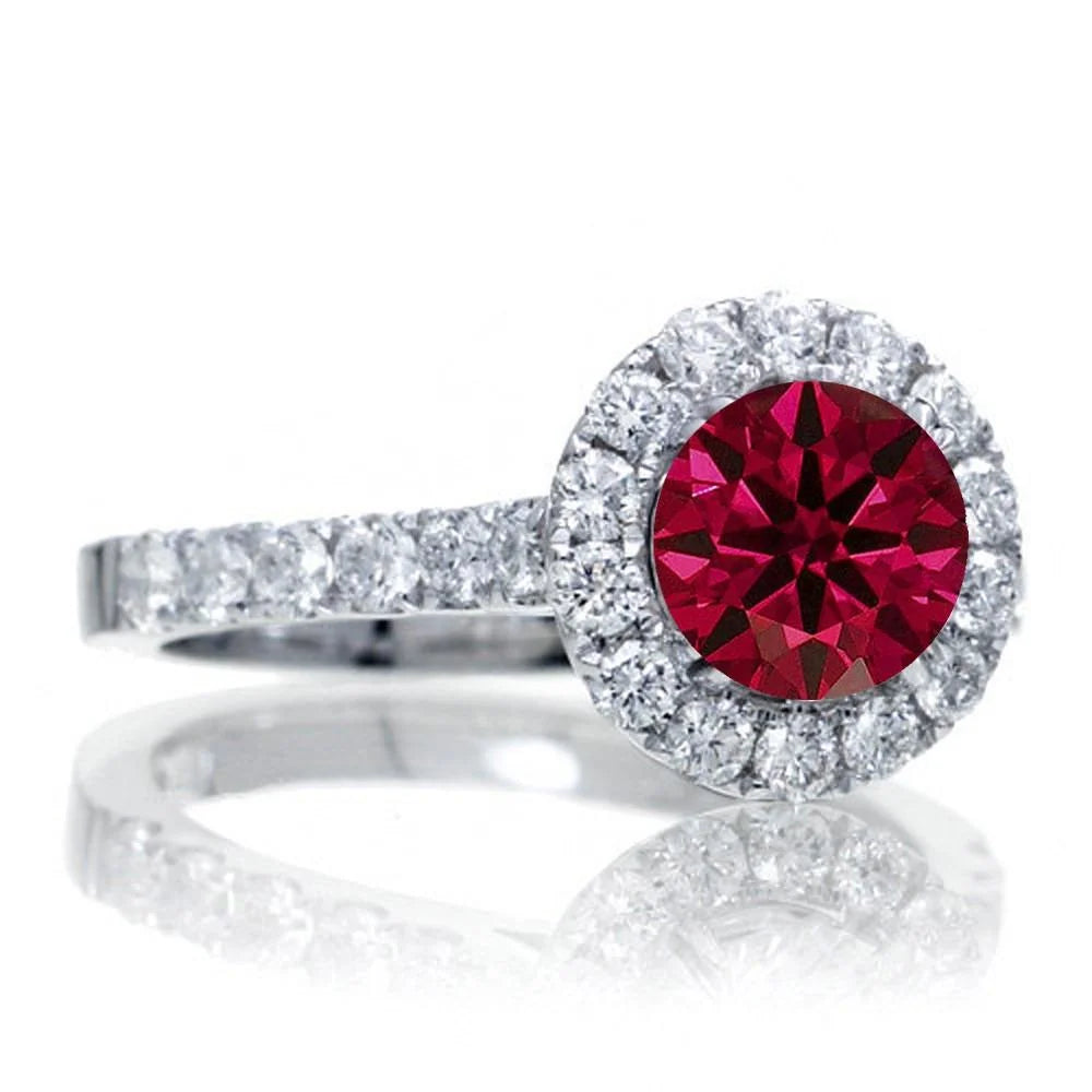 1.75 Carat 6mm Round Cut Ruby And Moissanite Engagement Ring on 10k White Gold C28653
