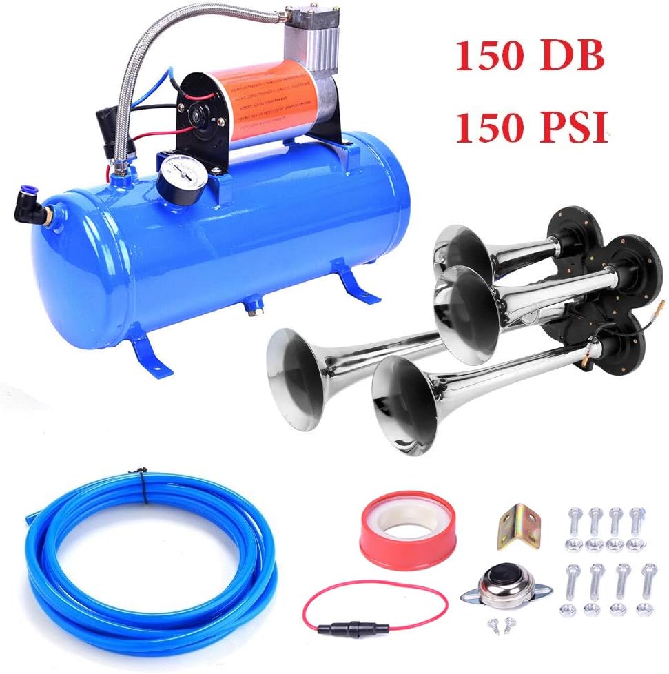 Blue 4 Trumpet Loud Train Horns Kit with 150 PSI 12V Air Compressor 1.59 Gallon W238785