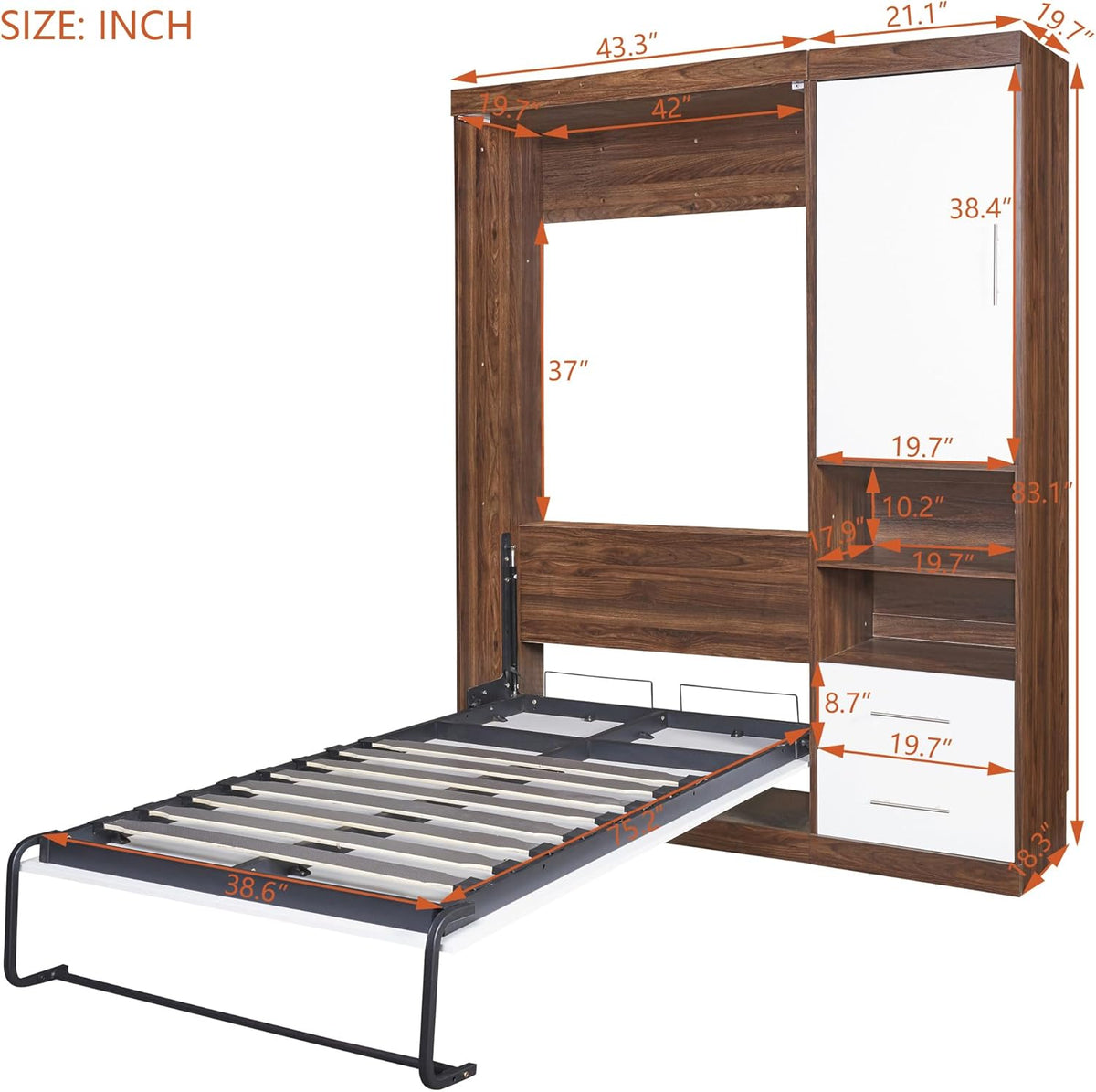 White Twin Size Murphy Bed with Cabinet E497
