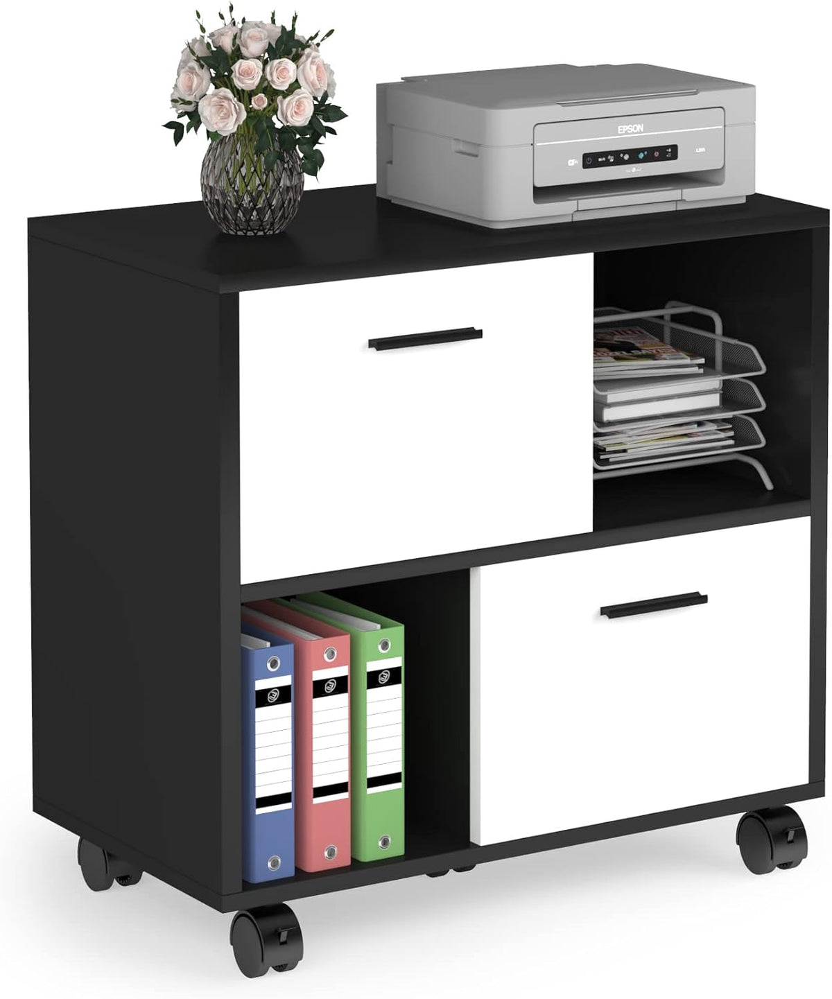 2 Drawer Wood File Cabinet with Shelves and Wheels H5180