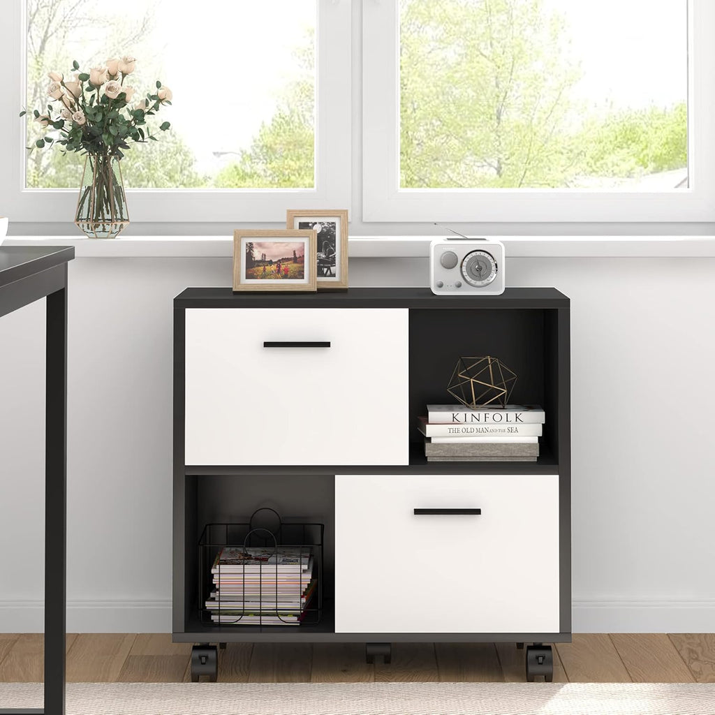2 Drawer Wood File Cabinet with Shelves and Wheels H5180