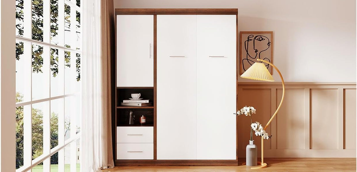 White Twin Size Murphy Bed with Cabinet E497