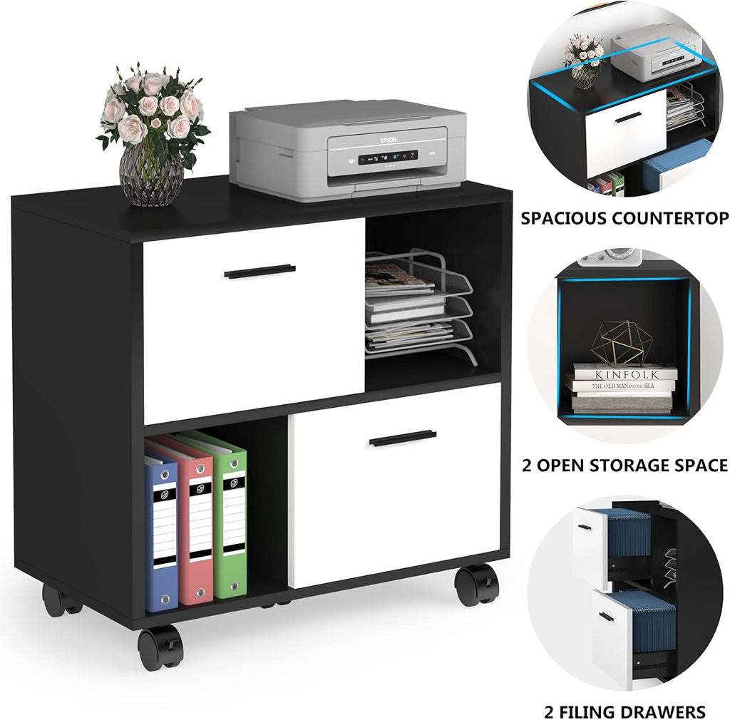 2 Drawer Wood File Cabinet with Shelves and Wheels H5180