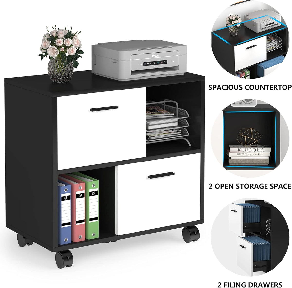 2 Drawer Wood File Cabinet with Shelves and Wheels H5180