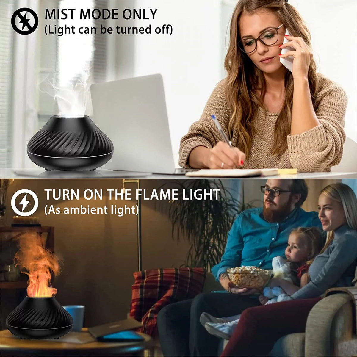 Flame Diffuser Humidifier 7 Flame Color Noiseless Cool Mist Diffuser Q6331
