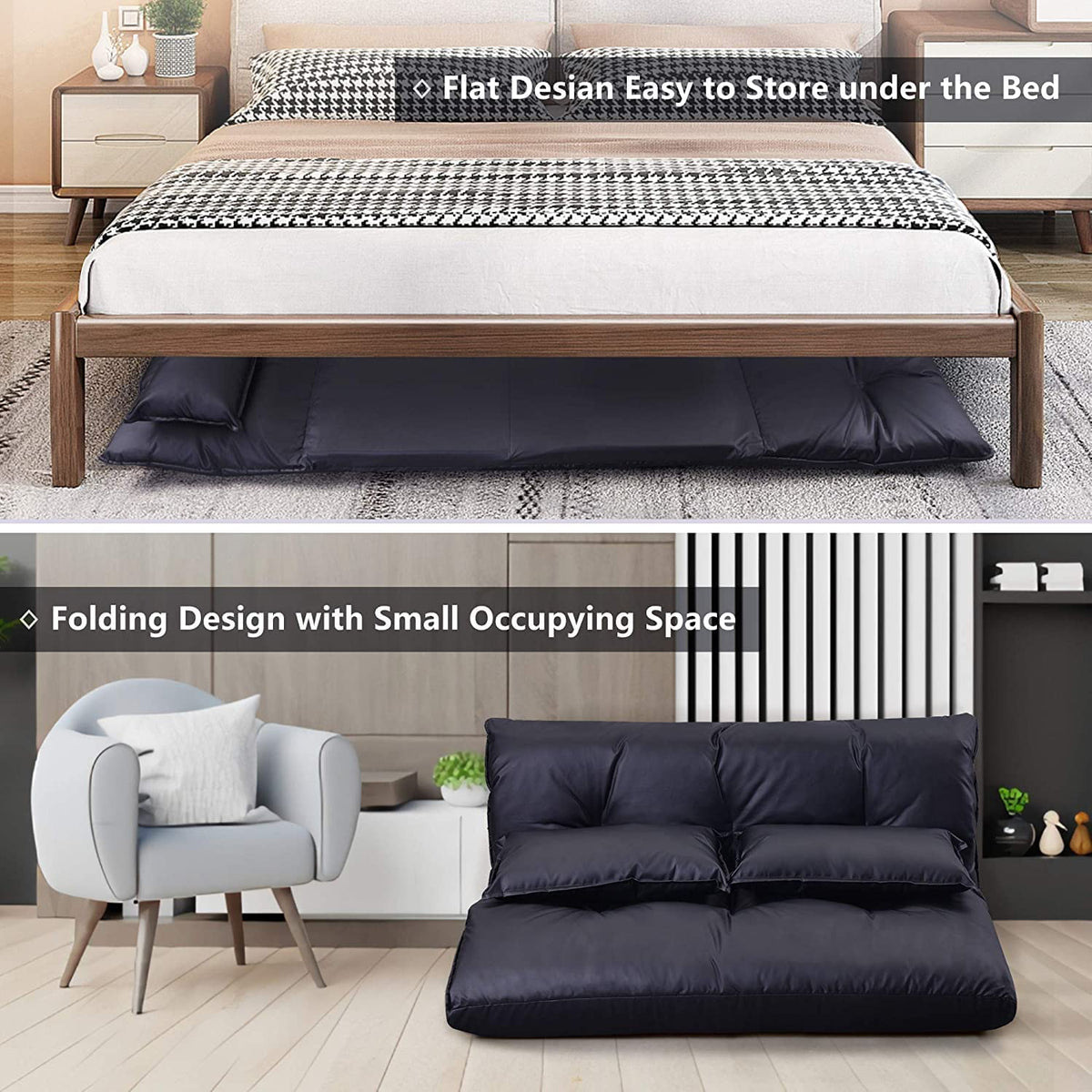 Adjustable Floor Sofa Bed with 2 Pillows, 5 Reclining Position, Black E8842