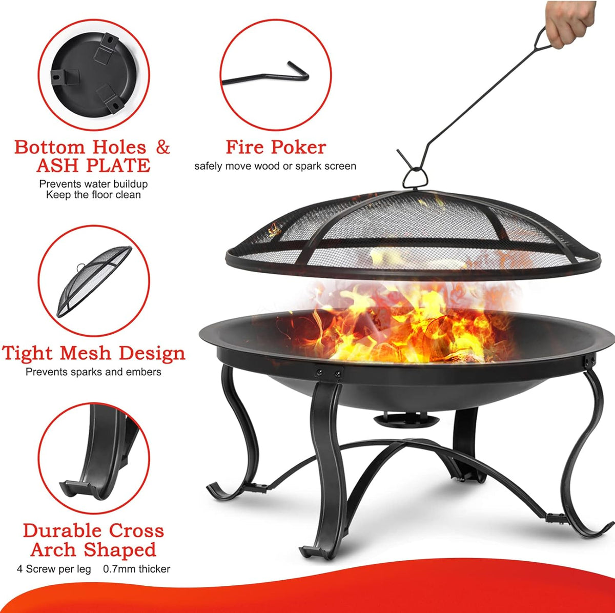 30 inch Outdoor Wood Burning Steel Firepit Bowl with Ash Plate, Spark Screen, Log Grate, Poker H102