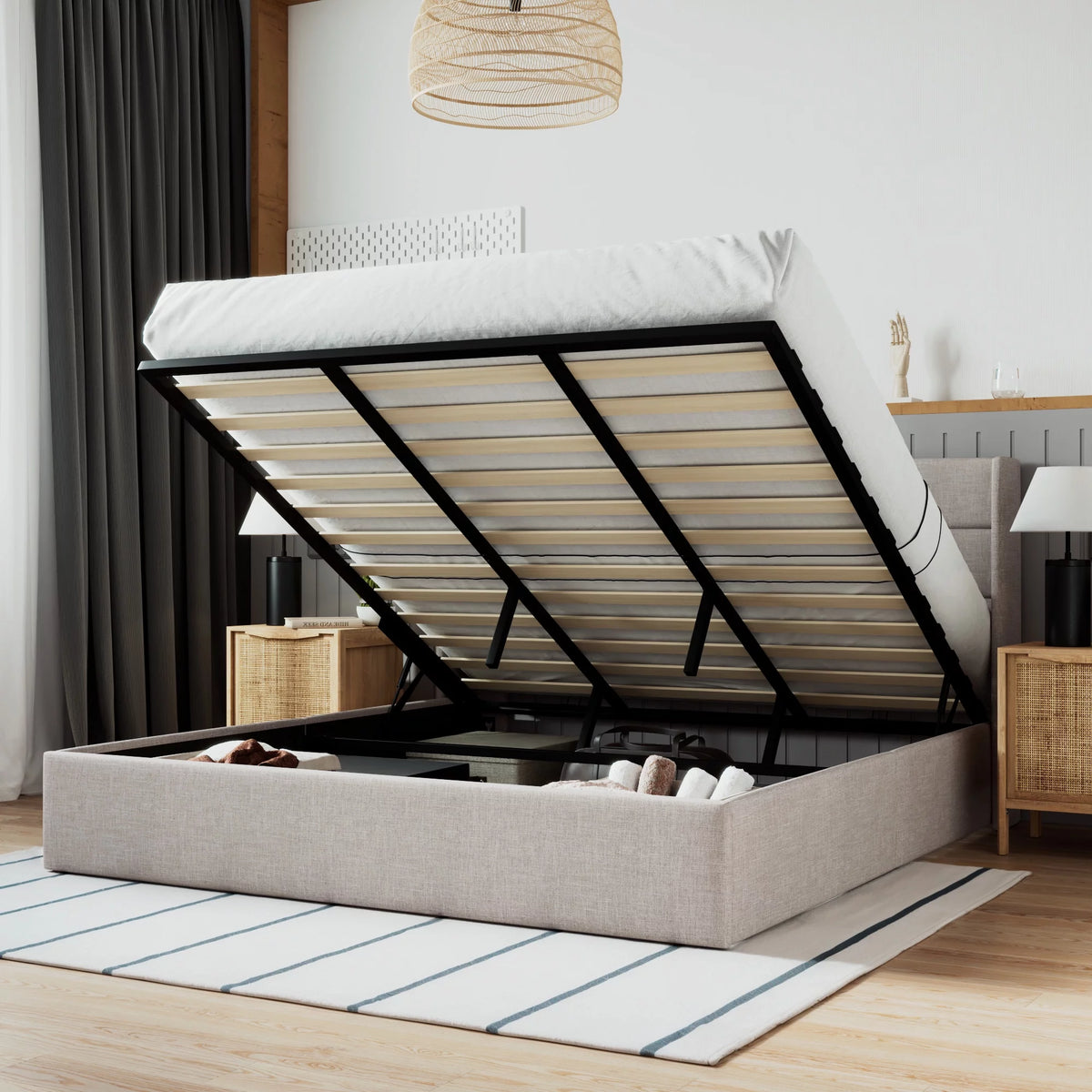 Grey King Size Lift Up Platform Bed Frame with Storage T667