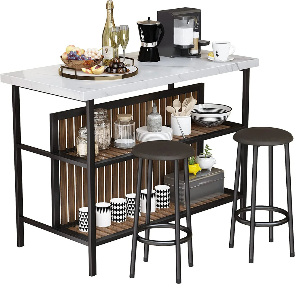 White 3-Piece Bar Table and Chairs Set with Storage Shelf L497