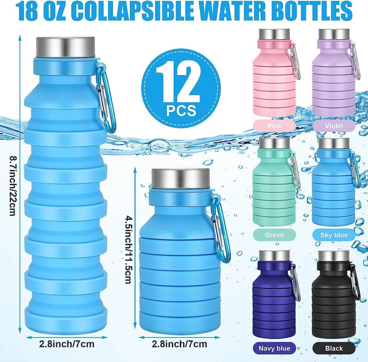 12 Pieces 18oz Collapsible Silicone Travel Water Bottles with Clip F485053
