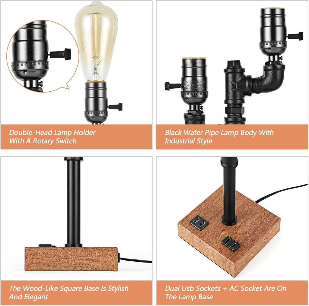 Industrial Table Lamp with 2 USB Ports AC Outlet Wood Base K17806